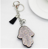 Keychain - Silver Plated Hamsa - Hand  & Rhinestone Charms