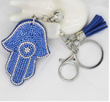 Keychain - Silver Plated Hamsa - Hand  & Rhinestone Charms